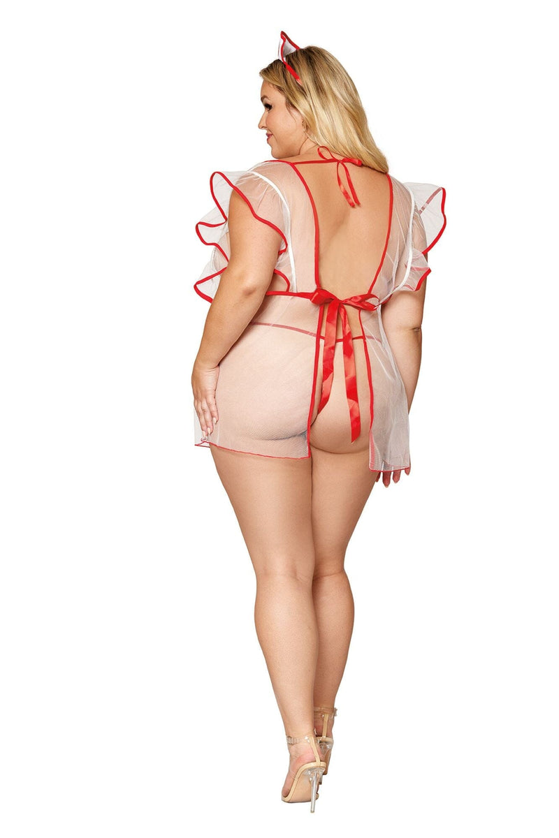 Sheer mesh nurse-themed apron with matching G-string, tie-on nurses’ cap, and pasties lingerie Dreamgirl International 