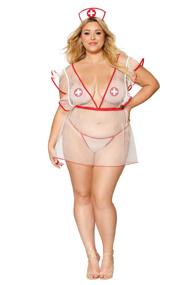 Sheer mesh nurse-themed apron with matching G-string, tie-on nurses’ cap, and pasties lingerie Dreamgirl International 