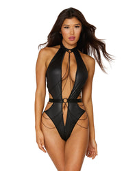 Shiny, coated stretch knit halter teddy with black chain details Lingerie Dreamgirl International 