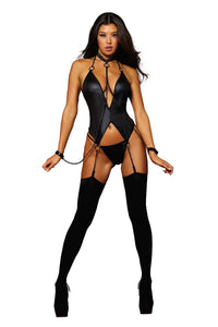 Stretch faux-leather, short garter slip with black chain details and matching G-string Lingerie Dreamgirl International 