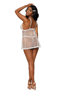 Stretch lace and diamond mesh babydoll and G-string set with ruffled elastic trims lingerie Dreamgirl International 