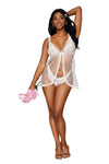 Stretch lace and diamond mesh babydoll and G-string set with ruffled elastic trims lingerie Dreamgirl International 