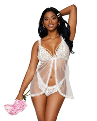 Stretch lace and diamond mesh babydoll and G-string set with ruffled elastic trims lingerie Dreamgirl International OS White 