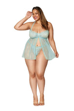 Stretch lace and mesh babydoll and matching G-string set with ruffled elastic trims Lingerie Dreamgirl International 