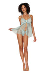 Stretch lace and mesh babydoll and matching G-string set with ruffled elastic trims lingerie Dreamgirl International 