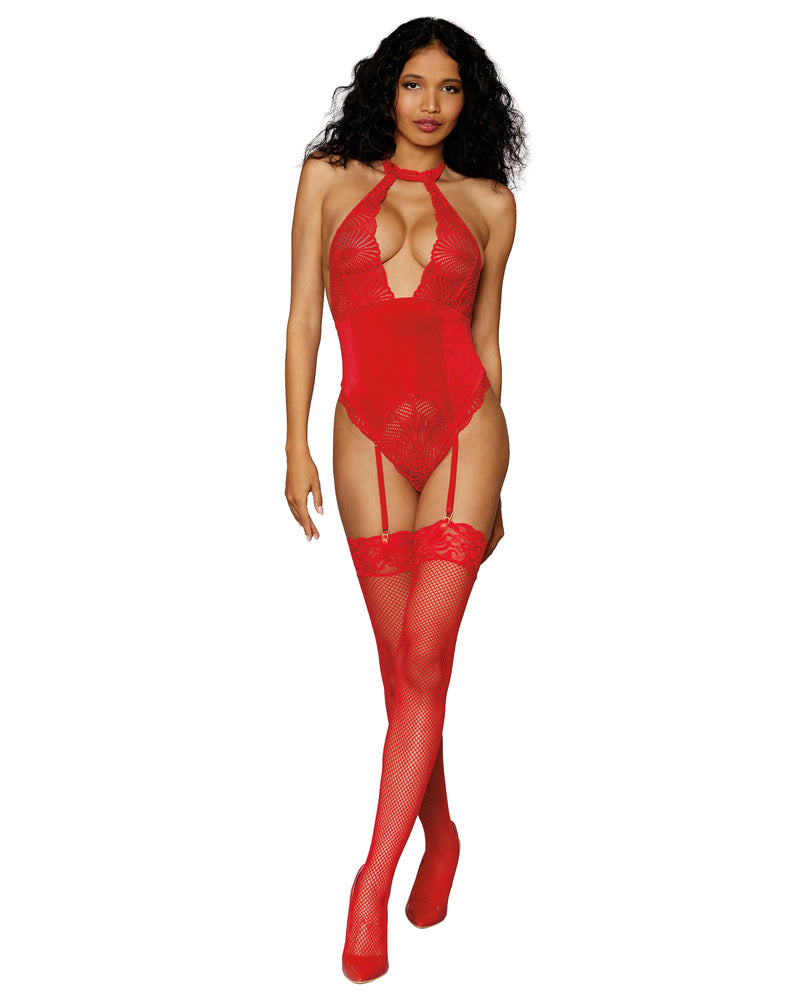Stretch Lace and Stretch Velvet Garter Teddy LINGERIE TEDDIE Dreamgirl International 