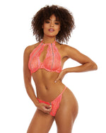 Stretch Lace and Zipper Detailed Bralette and Panty Set Bralette Set Dreamgirl International One Size Coral 
