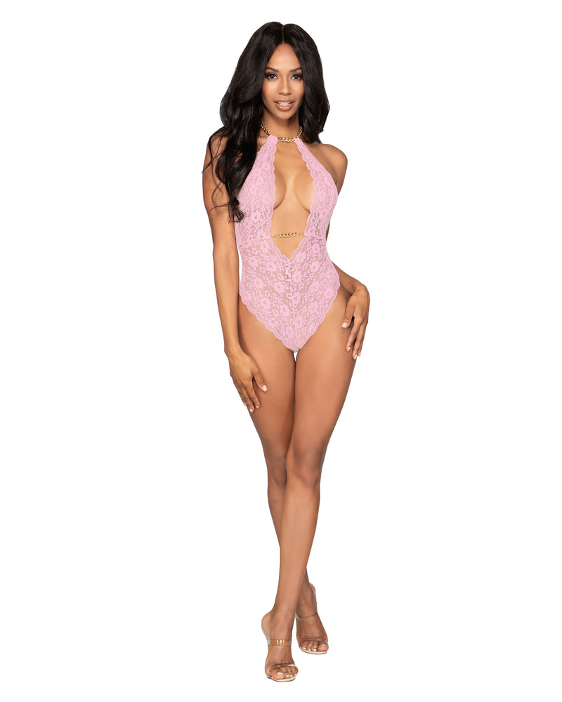 Stretch Lace Halter Teddy & Collar with T-Back & Removable Chain Details Teddy Dreamgirl International 