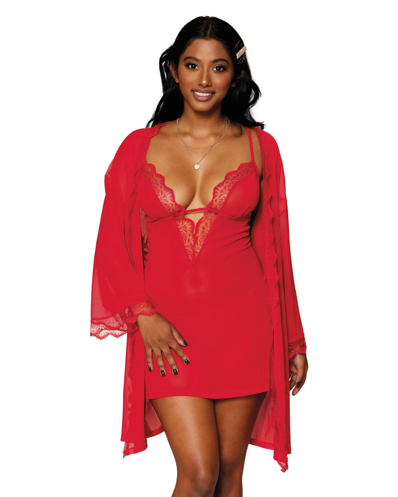 Stretch Mesh Chemise & Robe Set with Scalloped Lace Trim Throughout Robes Dreamgirl International 