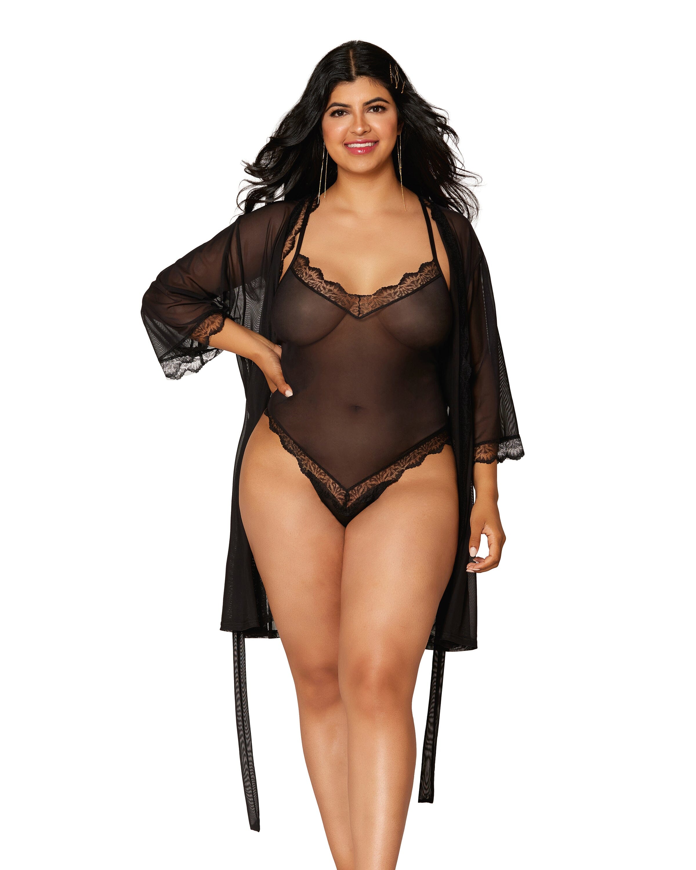 Stretch mesh teddy and robe set with lace trim details LINGERIE ROBE SET Dreamgirl International 