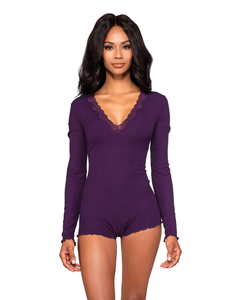 Stretch Rib Knit Sleepwear Romper with Plunge Neckline Sleepwear Romper Dreamgirl International 