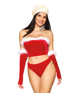 Stretch Velvet and Marabou Feather Trim Santa Bustier, Thong, and Gloves Set Bustier Dreamgirl 
