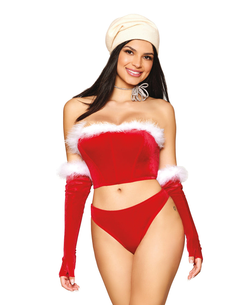 Stretch Velvet and Marabou Feather Trim Santa Bustier, Thong, and Gloves Set Bustier Dreamgirl 