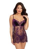Stretch Velvet & Eyelash Lace Babydoll Set with Border Lace Skirt Dreamgirl International 