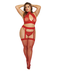 Three-Piece Plus Size Fishnet & Lace Hosiery Bodystocking Set with Snap Neck & Tie Back Closure Bodystocking Dreamgirl International 