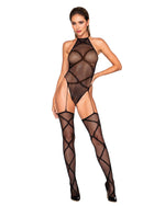 Tie Back Fishnet Garter Teddy Bodystocking with Halter Neckline Bodystocking Dreamgirl International 