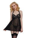 Venice Embroidery Lace Garter Babydoll and Thong Set Babydoll Dreamgirl International S Black 