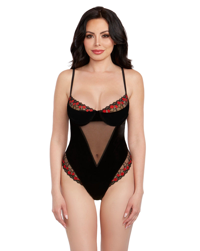 Women’s Velvet Garter Teddy w/ Red Flower Detail & Attached Tie-Back Garters Teddy Dreamgirl International 