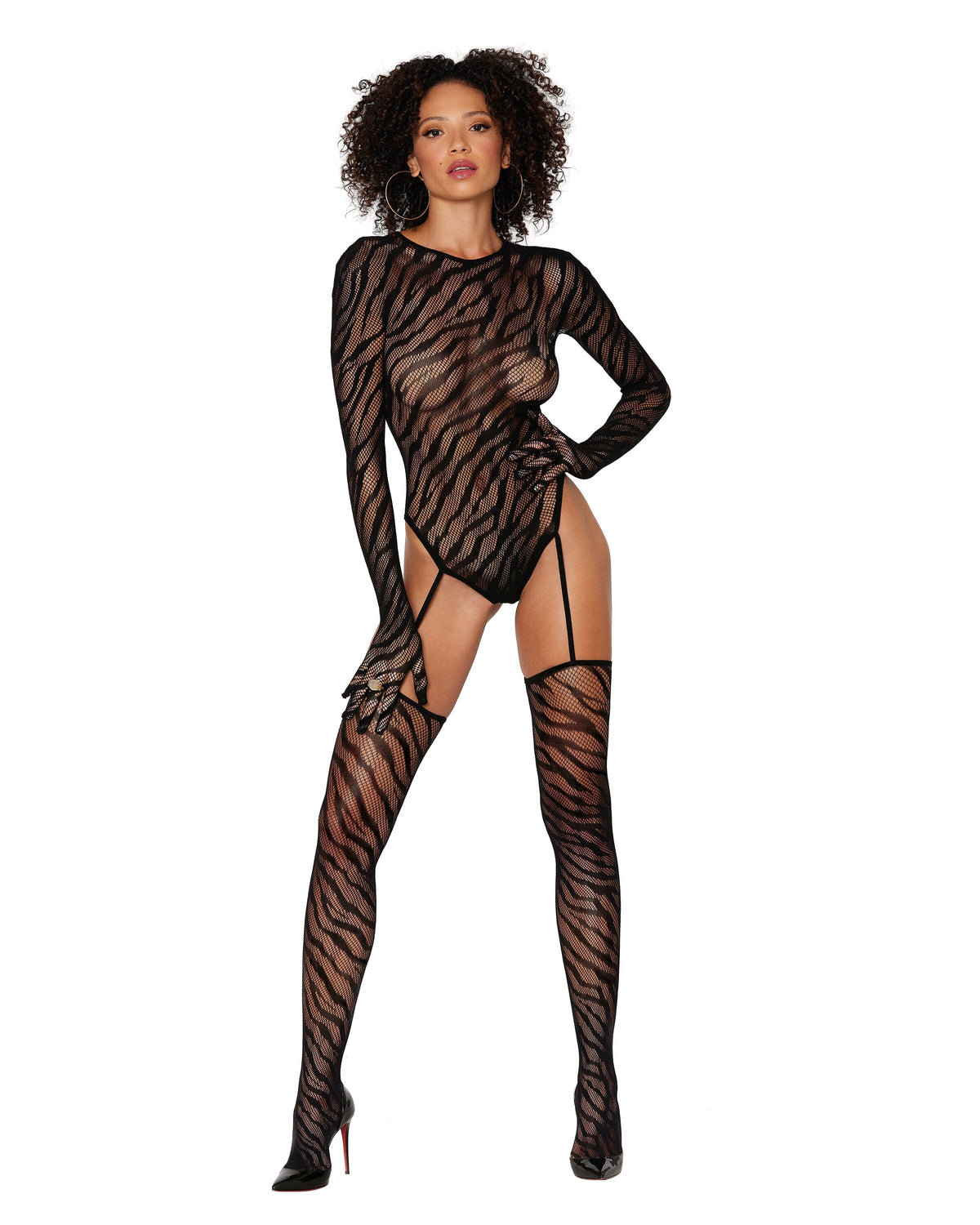 Zebra fishnet teddy bodystocking with long sleeves, built-in fingered gloves, and keyhole open back detail Lingerie Dreamgirl International 